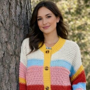 New Colorblock Sweater Chunky Knit Boutique Style Cardigan Size Large Pink Cozy